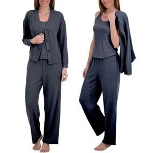NWT Live 2 Lounge Womens 3-Piece Textured Lounge Set Navy L Cardigan Tank Pants